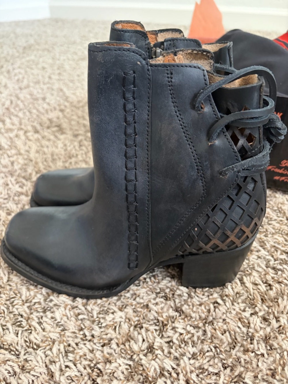 Freebird Women's Black Leather Ankle Boots with Woven Heel Detail